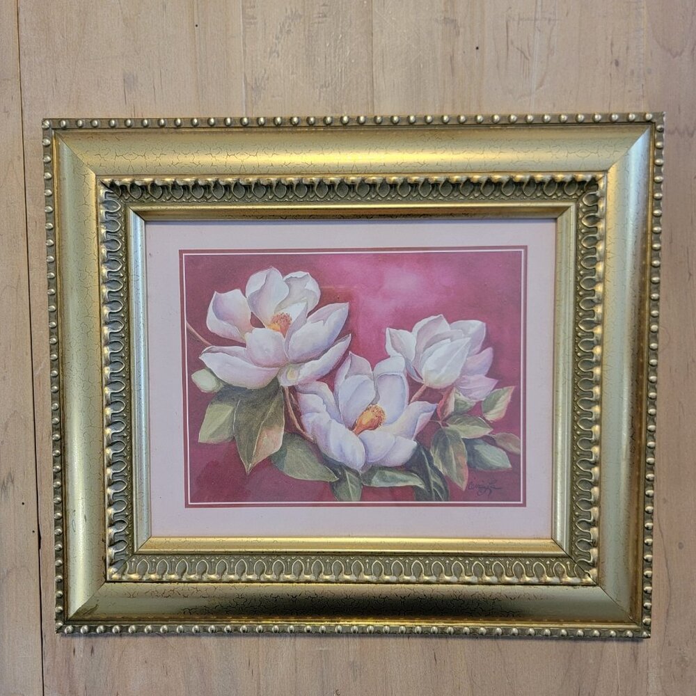 Vintage Carrie Lea Magnolia Print Double Matted Gold Tone Frame‎ 15” X 13”